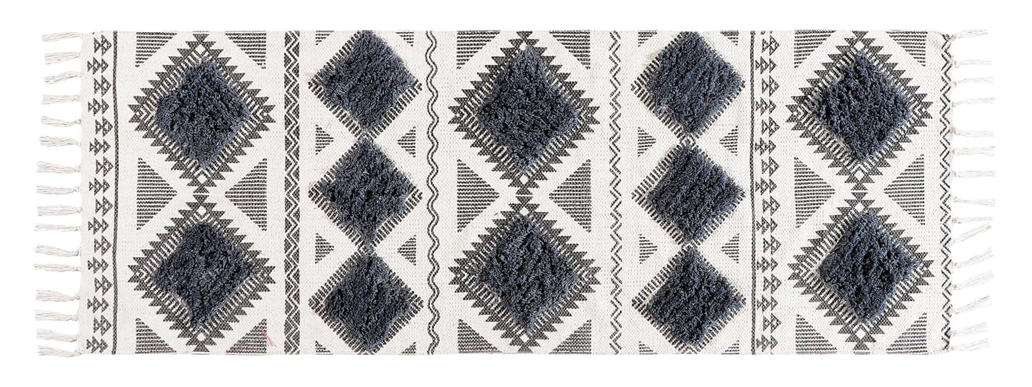 Hand Woven Tufted 100% Natural Cotton Rug Runner 2x5 ft (60x152 cm) | Modern Bedroom Living Room Carpet, Grey & White