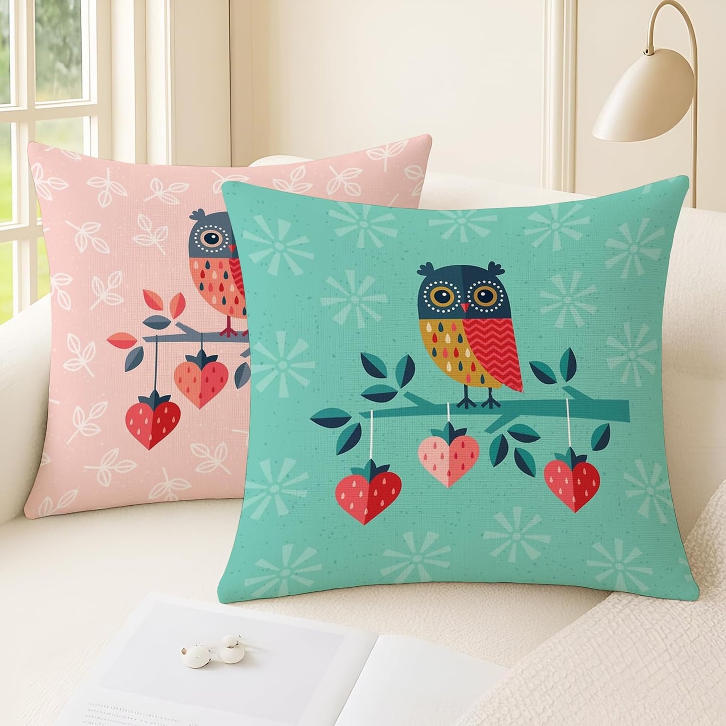 Set of 2 Polycotton Cushion Covers 18x18 – Cute Owl & Heart Print Pink Teal | Kids Room Sofa Pillow Decor