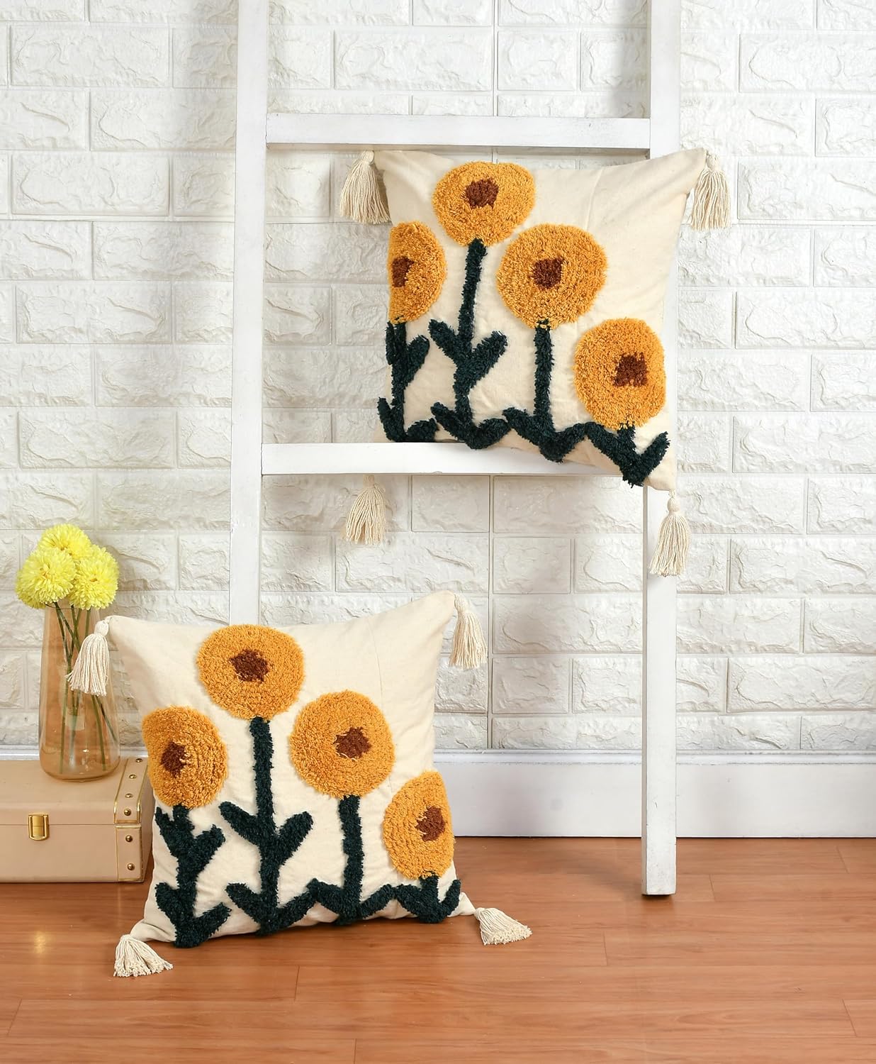 Boho Tufted Cotton Cushion Cover 16x16 inch Pack of 1 | Decorative Sofa Bed Pillow Case Living Room Multicolor