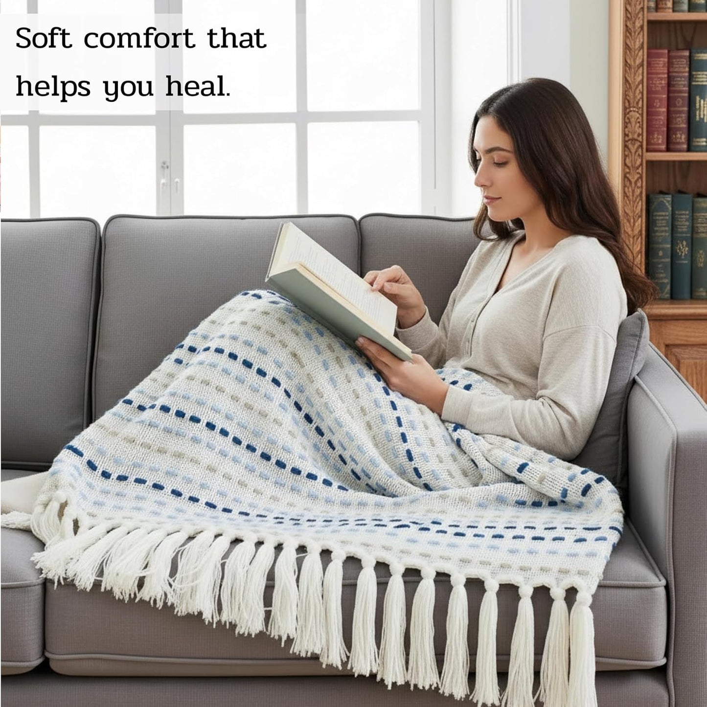 Handgebreide katoenen plaid – Geschikt voor alle seizoenen – Blauw met meerdere kwastjes – 203x132 cm