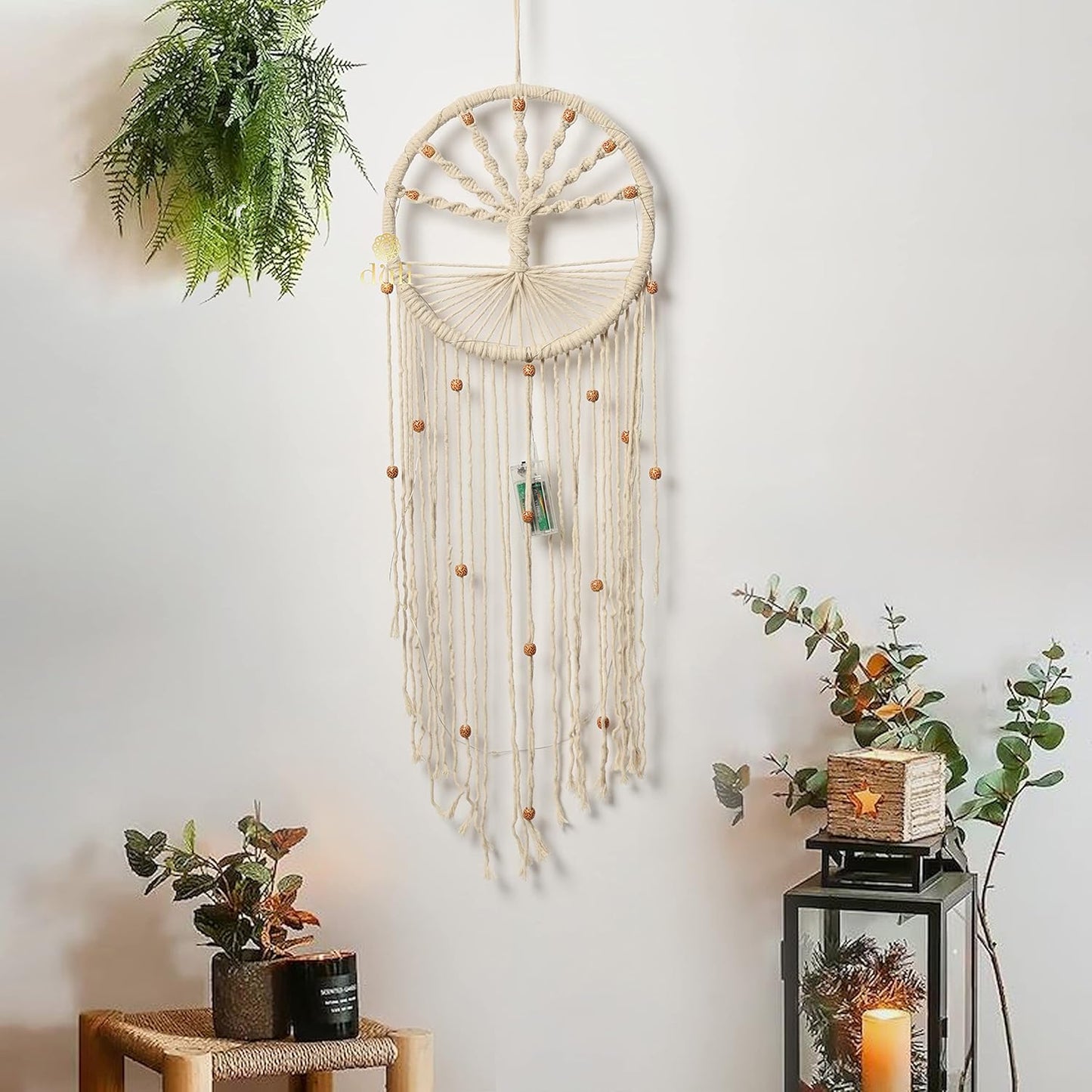 Artisan Macrame Wall Hanging – Tree of Life Motif – LED Illuminated Cotton – 76cm
