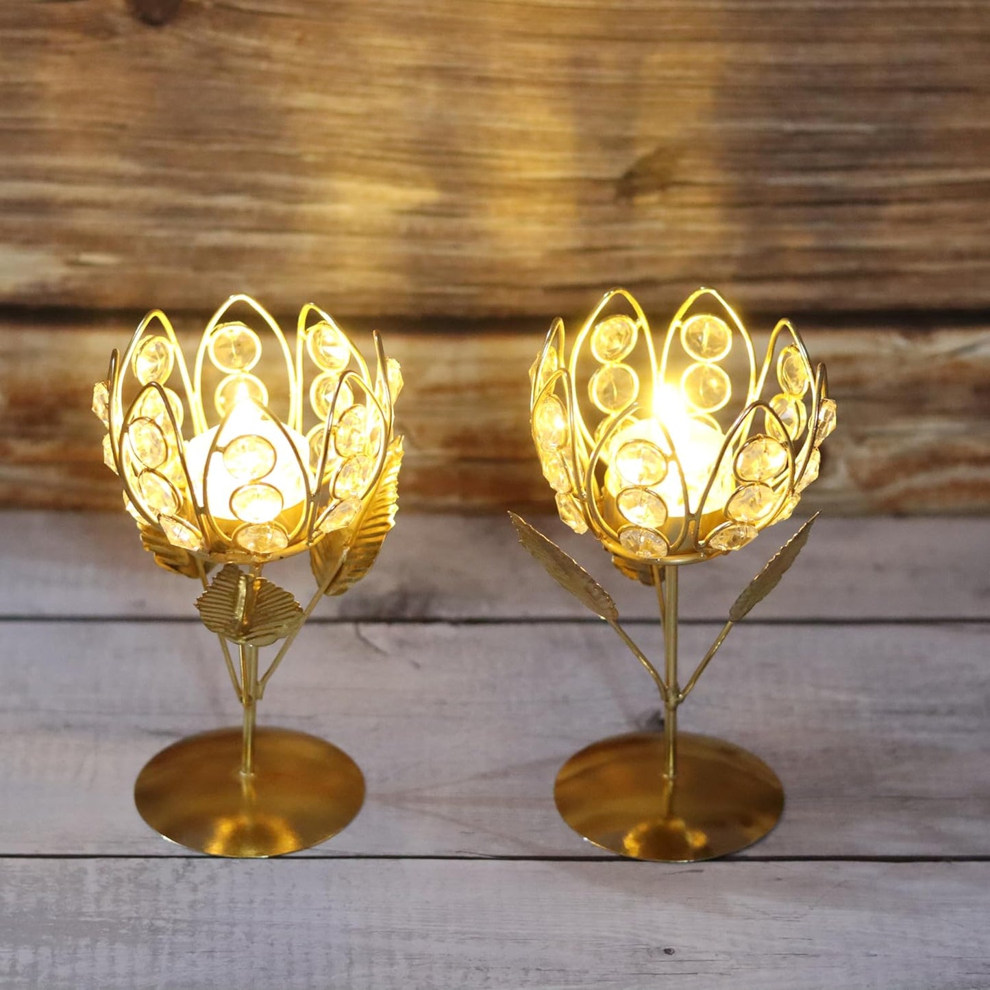 Ornate Gold Crystal Rose Lotus Tea Light Holder Set of 2 | Handcrafted K9 Votive Candle Stand for Home Decor, Diwali, Puja Gifts