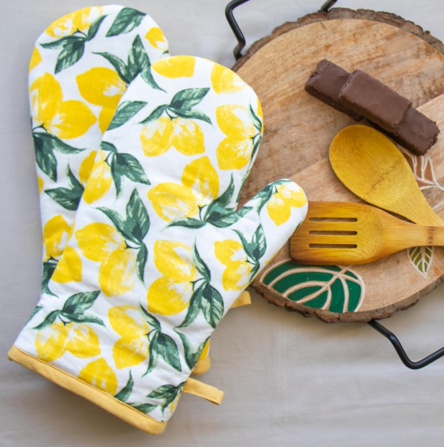 Ensemble tablier, mitaines et maniques à motif citron – 100 % coton – Qualité européenne – 3 pièces