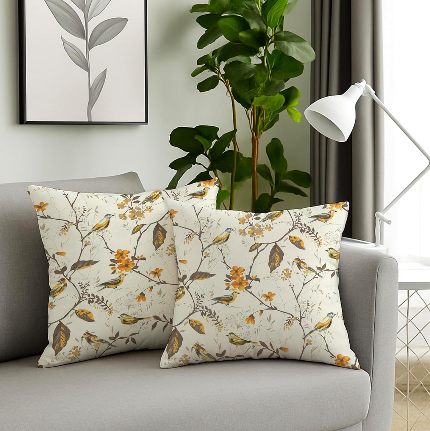 Jaipur Weaves Golden Bird Decorative Soft Cushion Covers 16x16 Inch - Set of 2 | Organic Cotton Home Decor Sofa Bed Chair