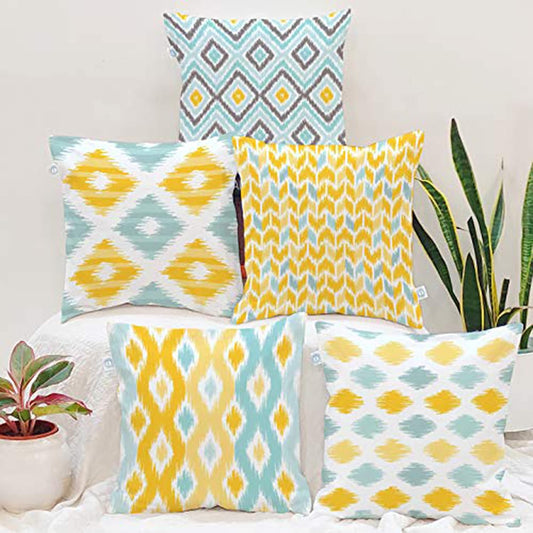 Vibrant Yellow Aqua Ikat Geometric Polycotton Cushion Covers Set of 5 (16x16) | Sofa Couch Living Room Decor