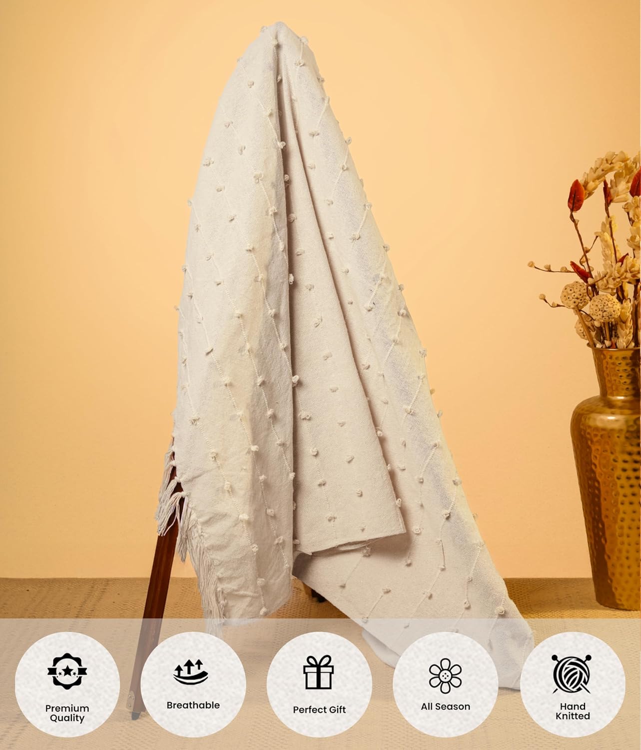 Hand-Knitted Cotton Sofa Throw – All-Season Blanket – Beige with Tassels – 80x52 Inches (Pack of 1)
