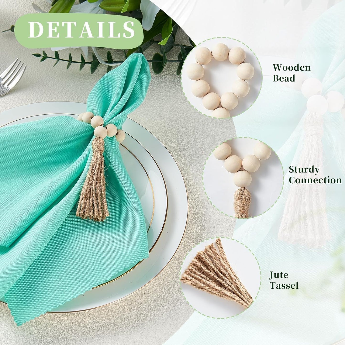 Ronds de serviette en perles de bois – Accessoires de table – Bois naturel, pompon, élastique – Lot de 6