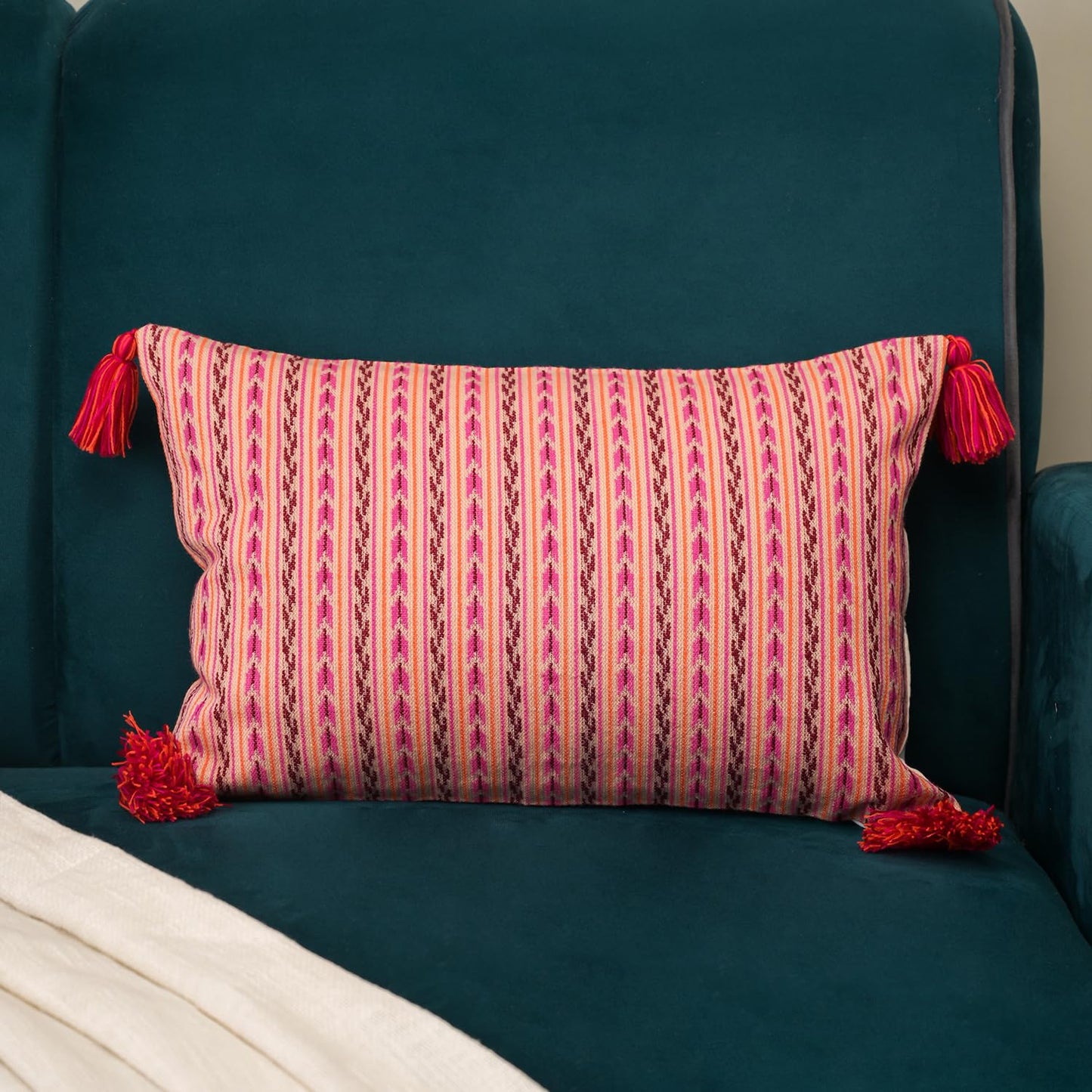 Woven Cotton Cushion Cover with Fringes – 12x20 Inch