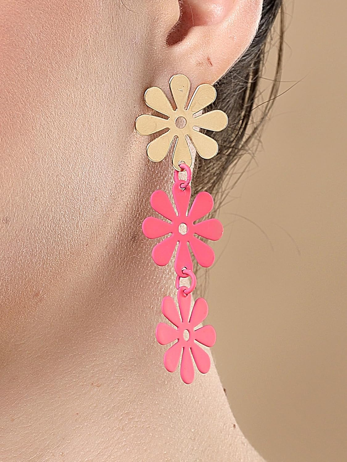 Floral Design Drop Earrings – Women's Fashion Jewellery – Pink & Gold Finish – Sold by Pair