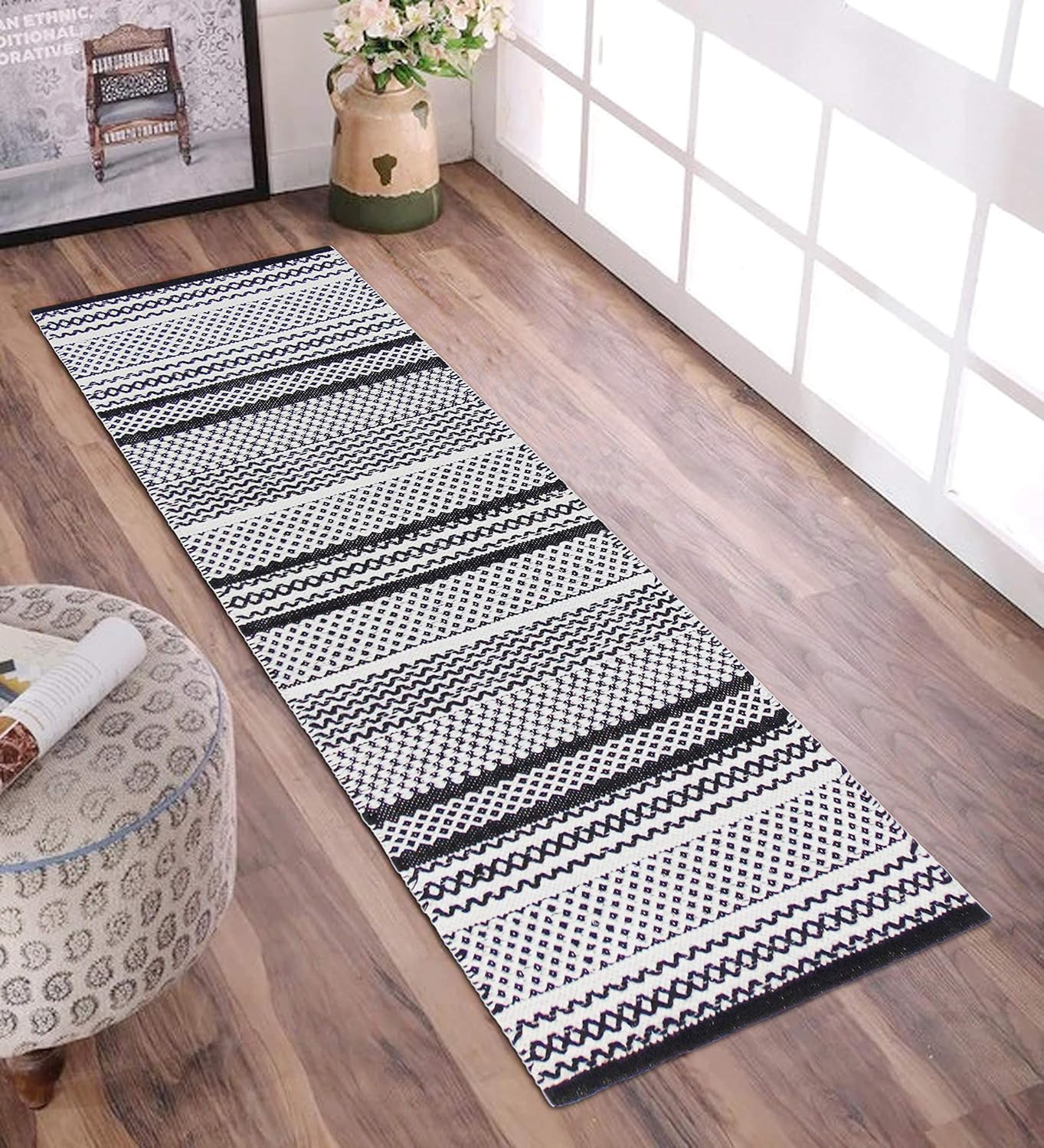 Modern Hand Woven Natural Cotton Rug Runner, 2x5 ft | Washable Eco-Friendly Floor Carpet for Bedroom, Living Room