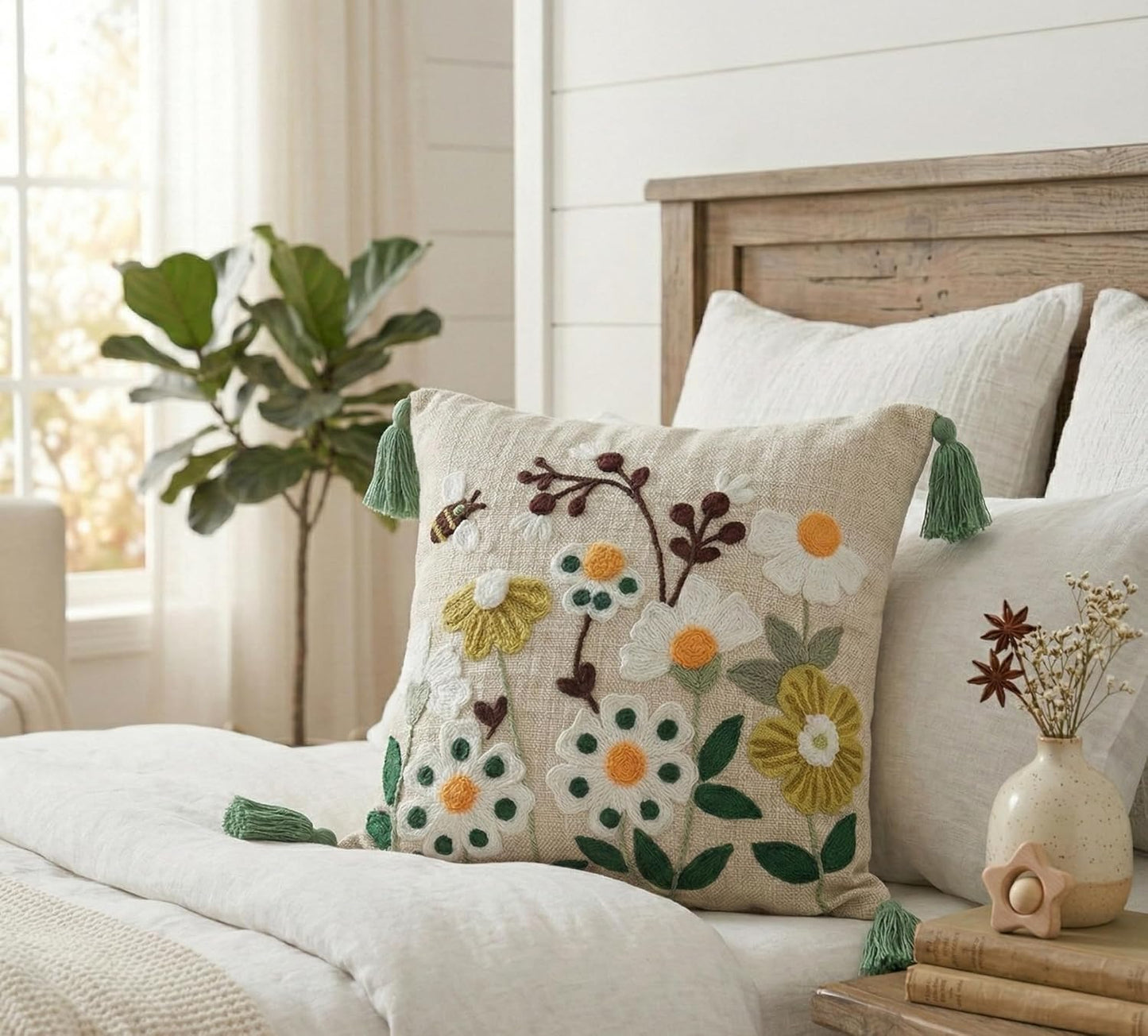 Boho Cushion Cover – Decorative Pillow Case – Embroidered Slub Cotton with Tassels – 16x16 Inch (40x40 cm)