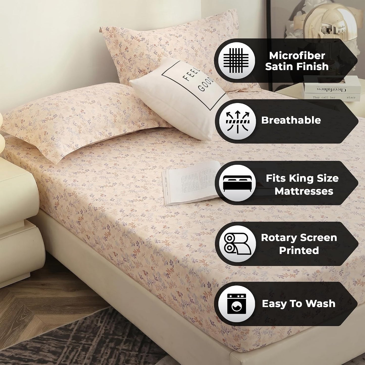 Bedsheet | Cloud Cotton Elastic Fitted | King Size 3-Piece, Ivory Pink | Floral Pattern