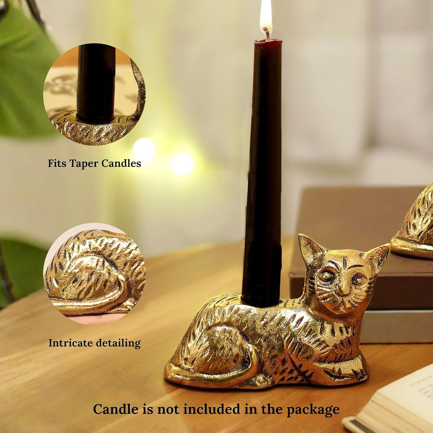 Antique Gold Cat Candle Holder Statue Set of 2 | Decorative Home Decor Figurine, Table Centerpiece, Gift