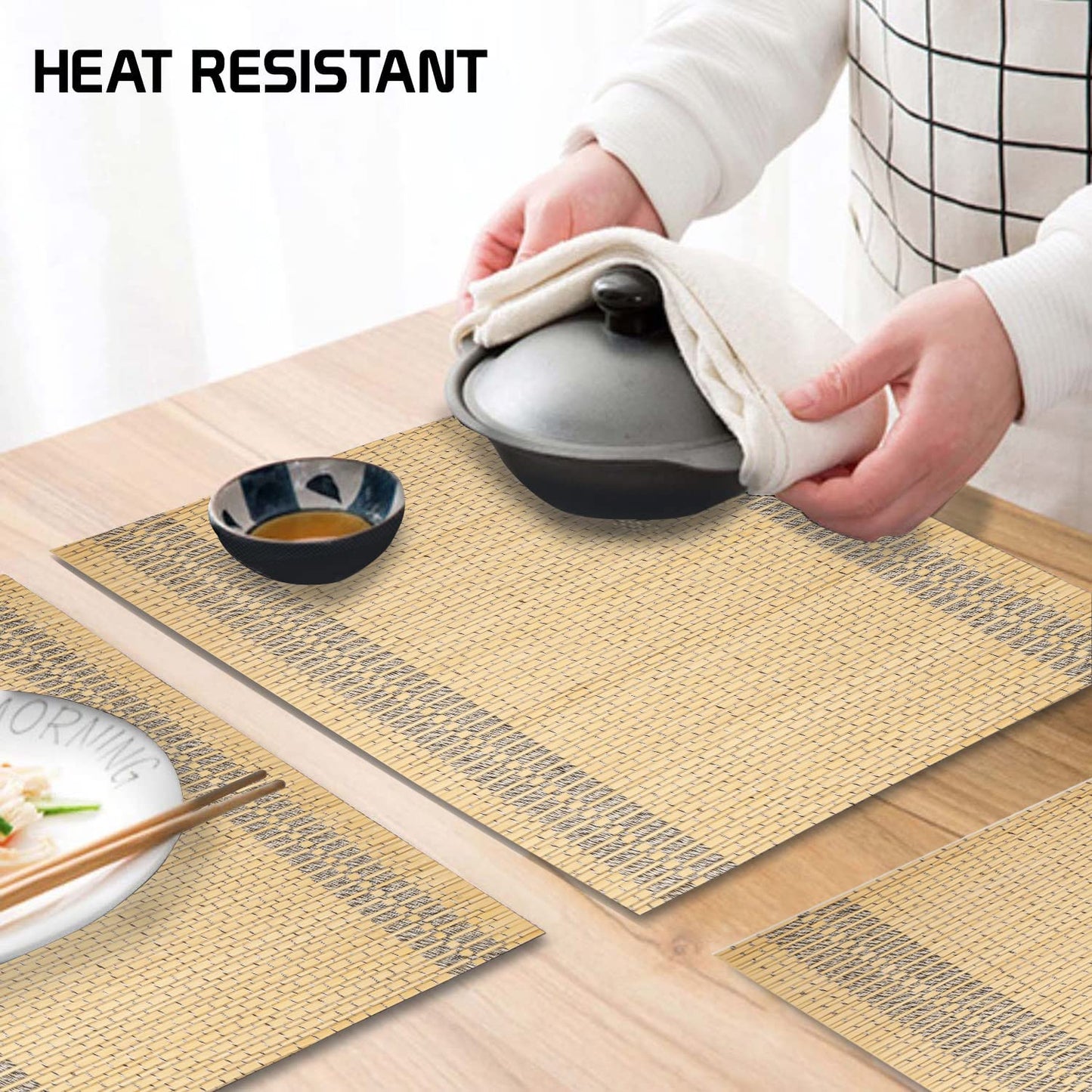 Reversible Bamboo Heat Resistant Placemats Set of 6, 45x30 cm | Easy Clean Dining Table Mats, Wooden Table Mats