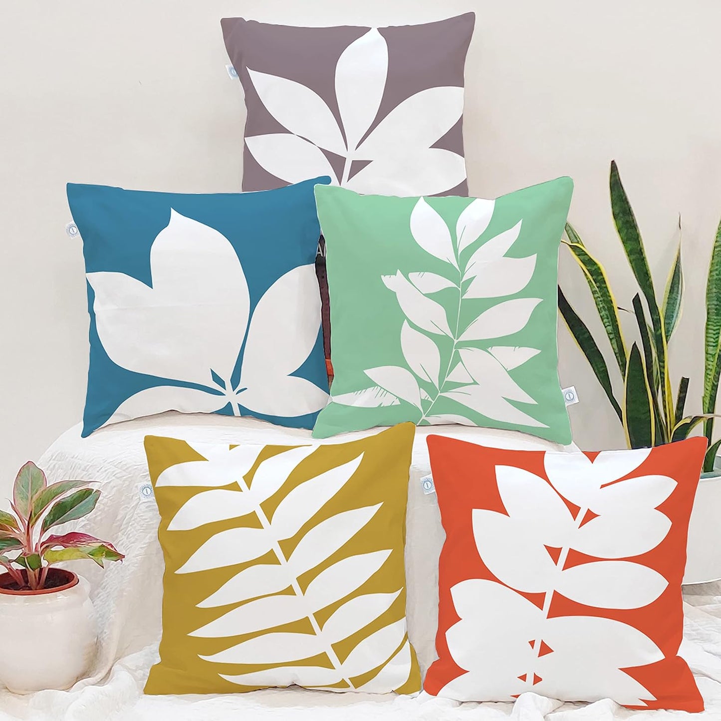Modern Botanical Multicolor Leaf Print Polycotton Cushion Covers Set of 4, 18x18 Inches | Sofa & Living Room Decor, Throw Pillowcases