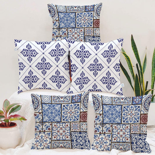 Traditional Ethnic Blue & White Persian Tile Print Polycotton Cushion Covers Set of 5 (16x16 Inch) | Sofa & Living Room Decor