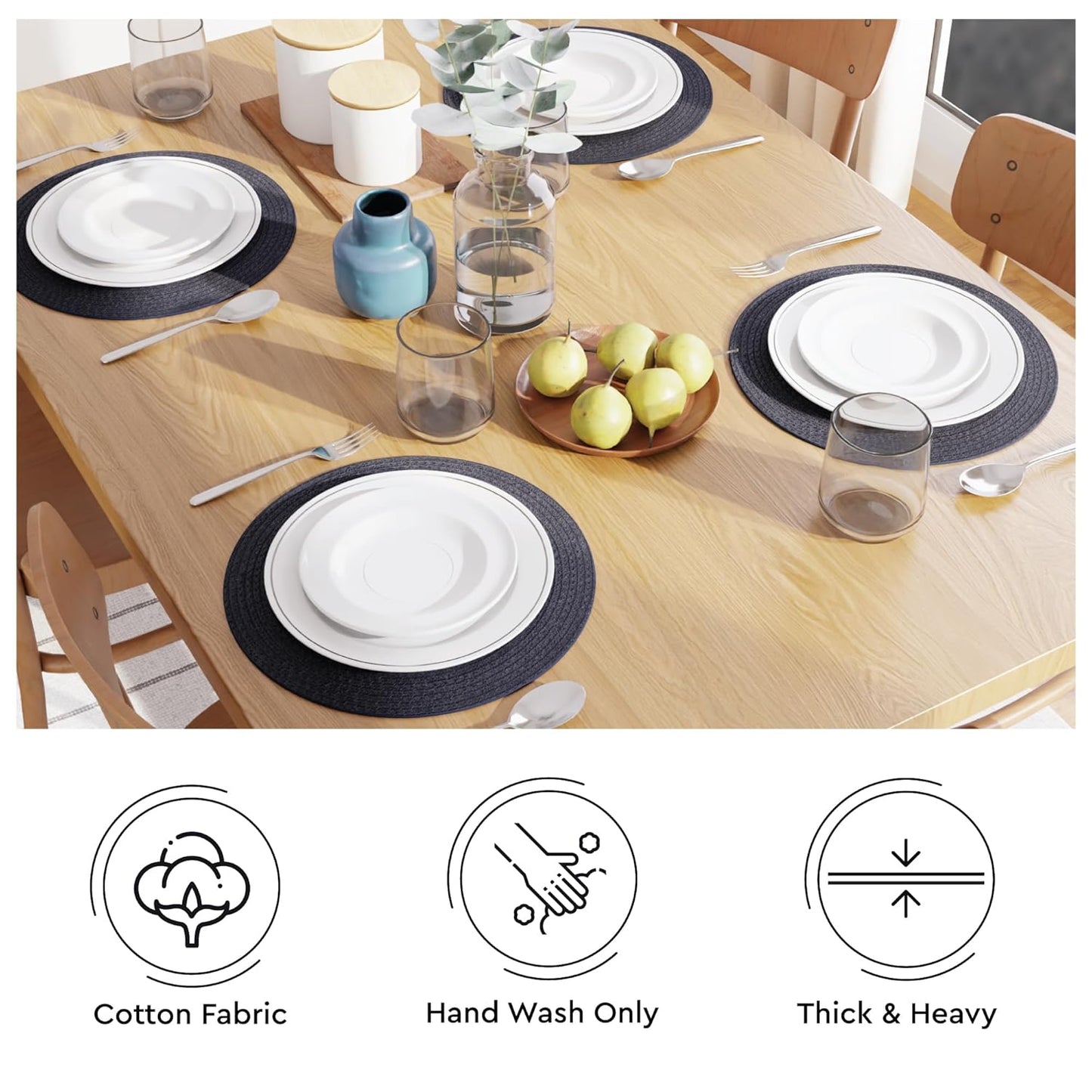 Handmade Ribbed Dark Blue Round Table Mats Set of 4, 32cm | Heat-Resistant, Non-Slip, Washable Cotton Placemats