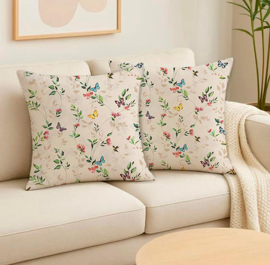 Butterfly Garden Decorative Soft Organic Cotton Cushion Covers 16x16 Inch Set of 2 | Hand Block Printed for Sofa, Bed, Home Decor, Gift