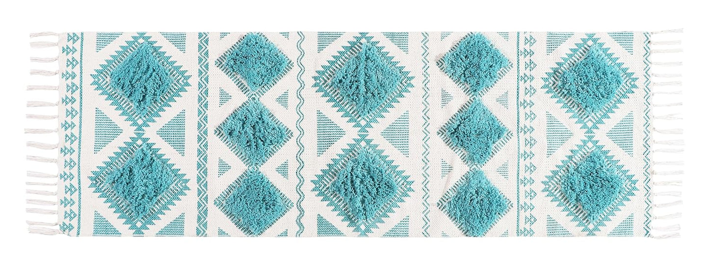 Hand Woven Tufted Sky Blue & White Cotton Rug Runner 2x5 ft | Bedroom, Living Room, Floor Decor, Indian Crafted