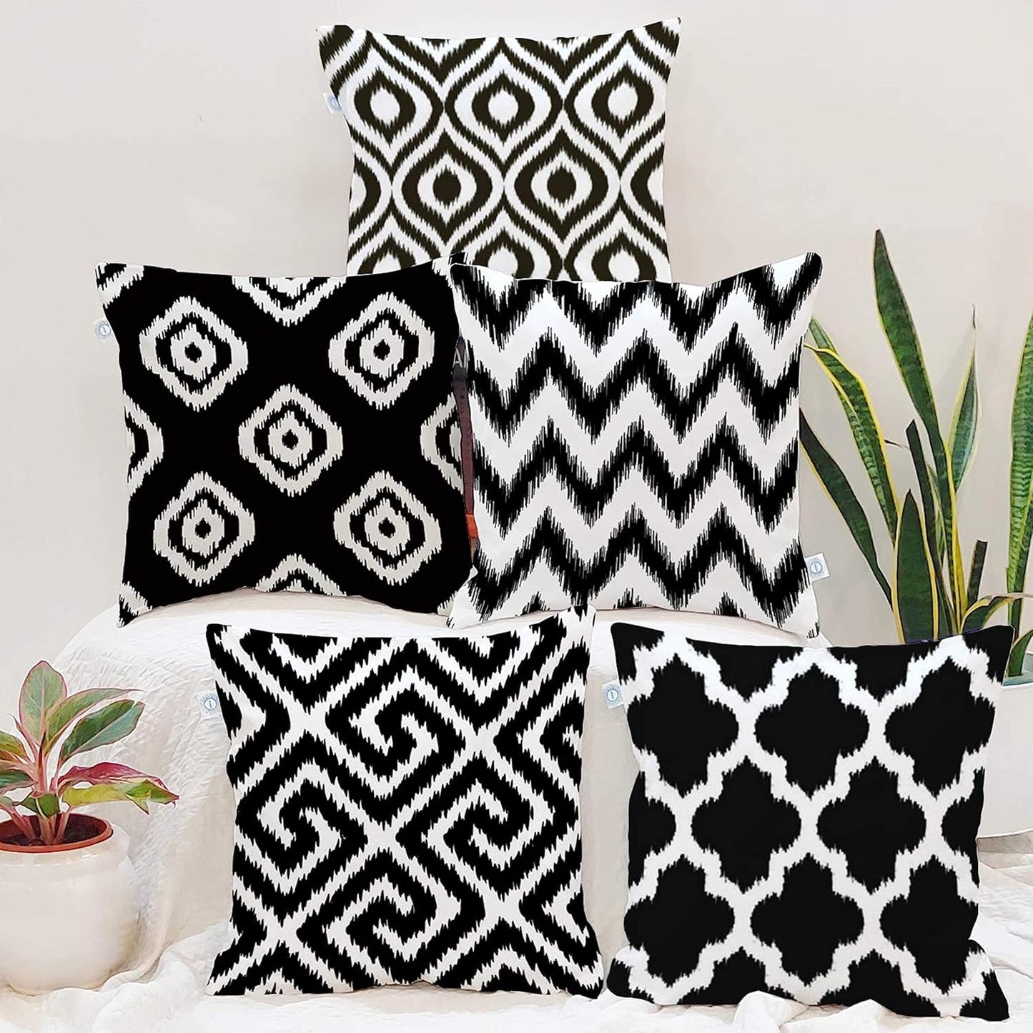 Elegant Black & White Ikat Geometric Polycotton Cushion Covers Set of 5 (16x16") | Sofa Pillow Covers, Decorative Throw Pillow Cases