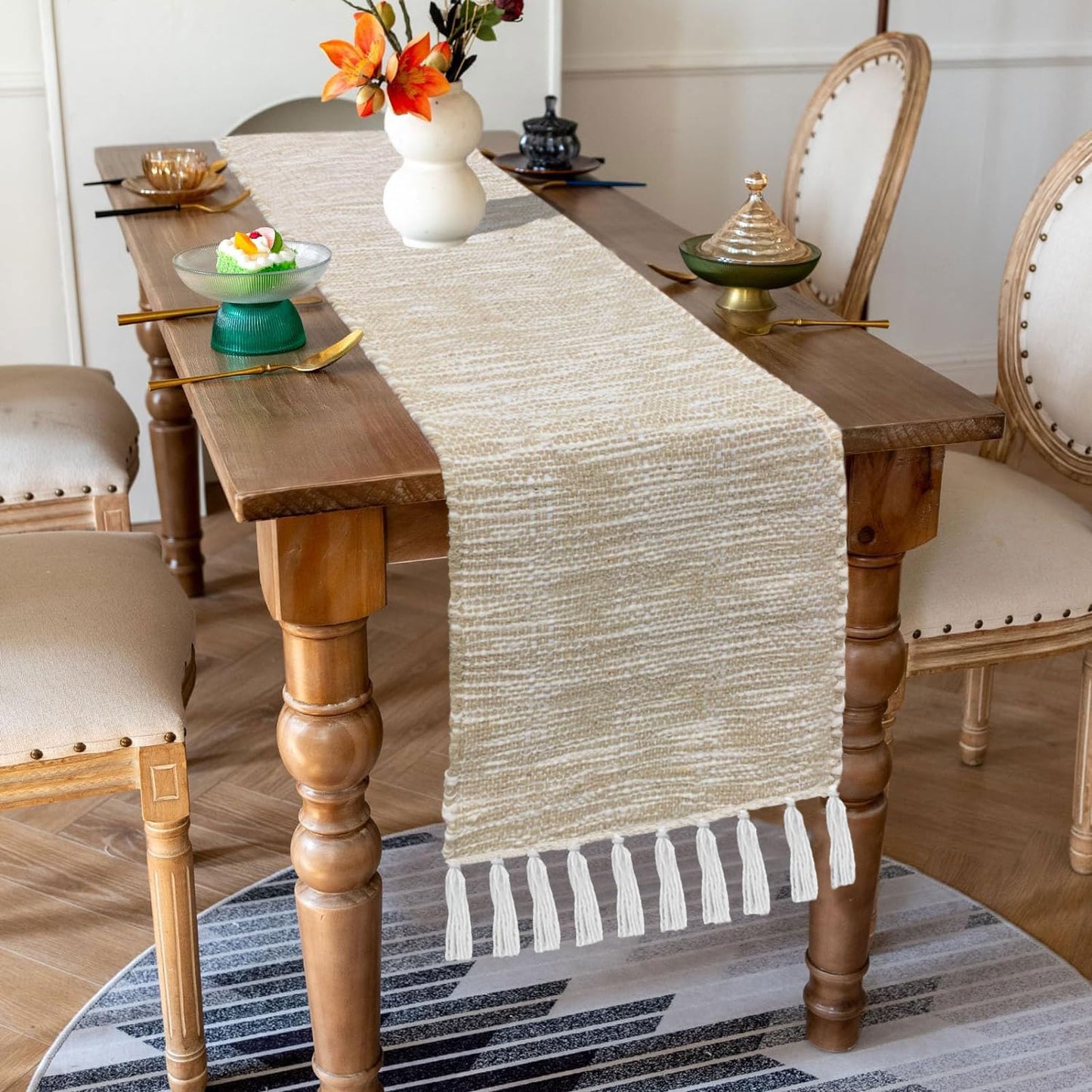 Elegant Woven Beige White Table Runner with Tassels 13x74 Inch | Cotton Jute Blend Dining Home Decor