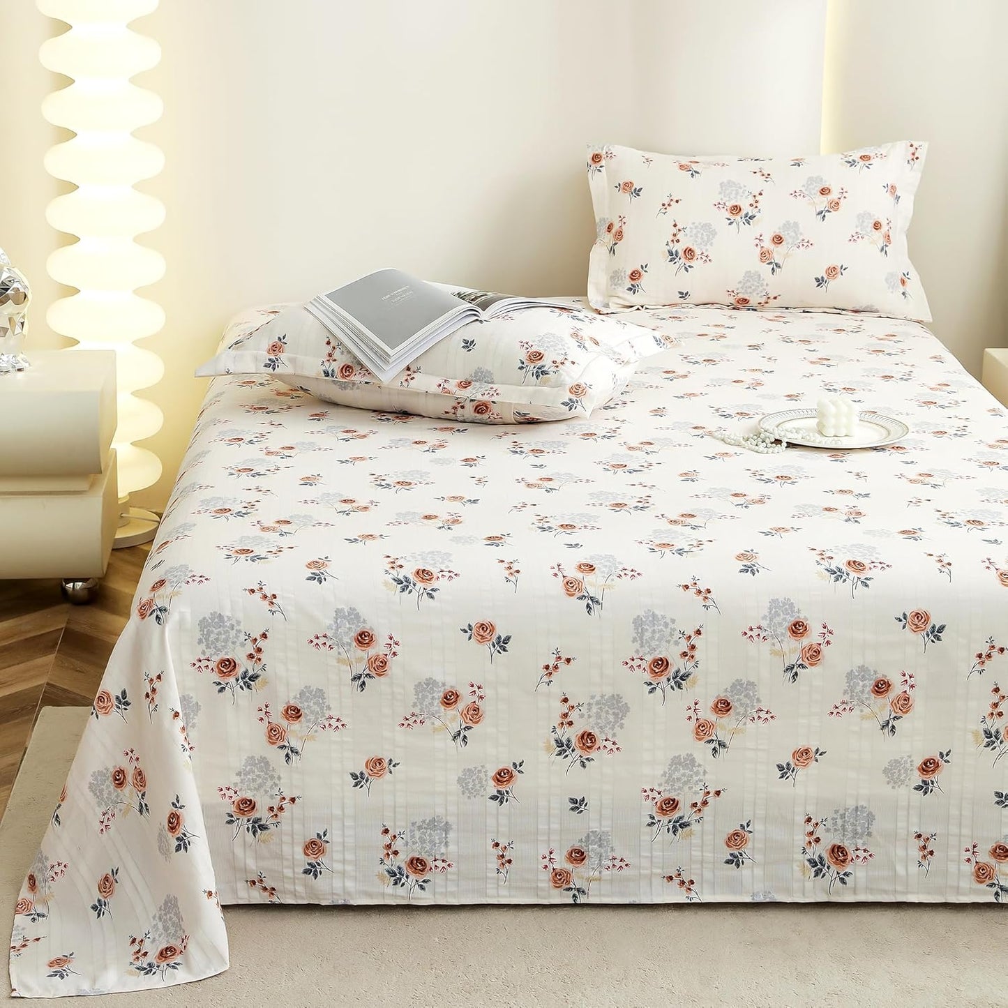 Drap plat King Size - Coton nuage 300 fils/cm² - Motif floral (270 x 250 cm)