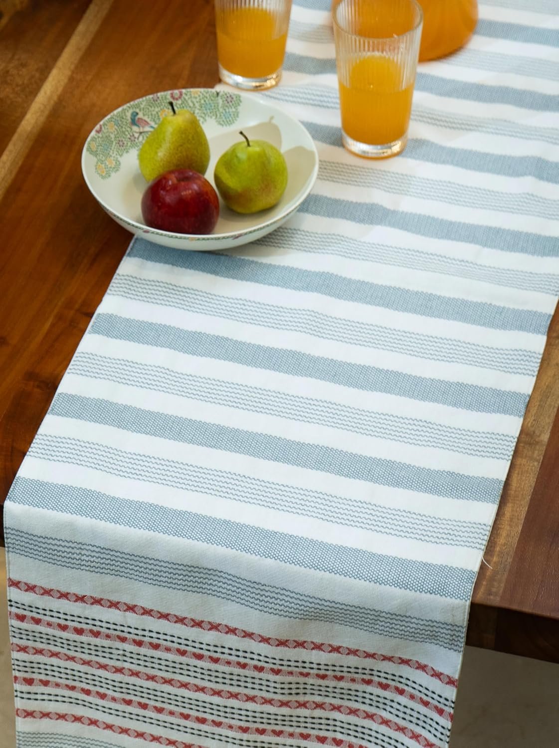 Boho 100% Cotton Dining Table Runner, 15x76 inch (6 Seater) | Red-Grey Farmhouse Kitchen Decor