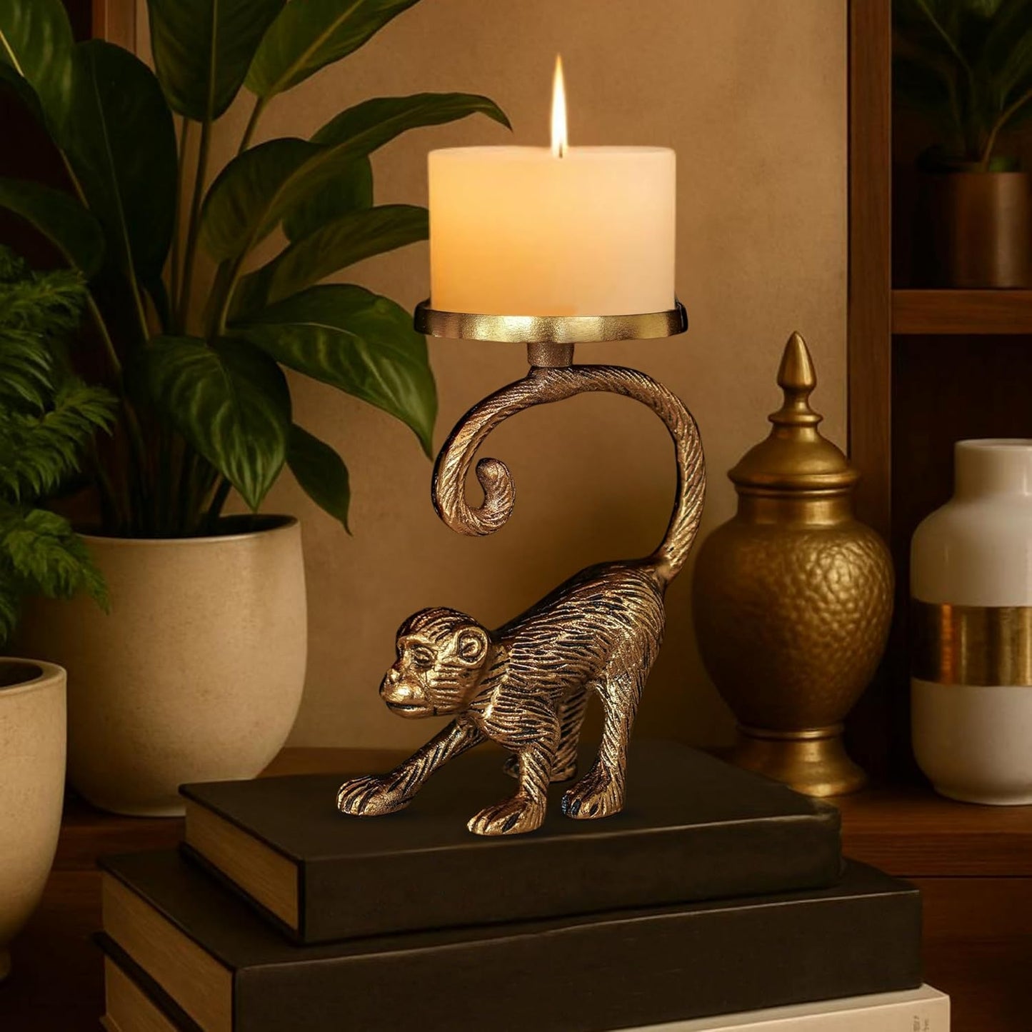 Artistic Metal Monkey Pillar Candle Holder Stand for Home Decor | Tabletop Showpiece, Gifting, Gold Finish