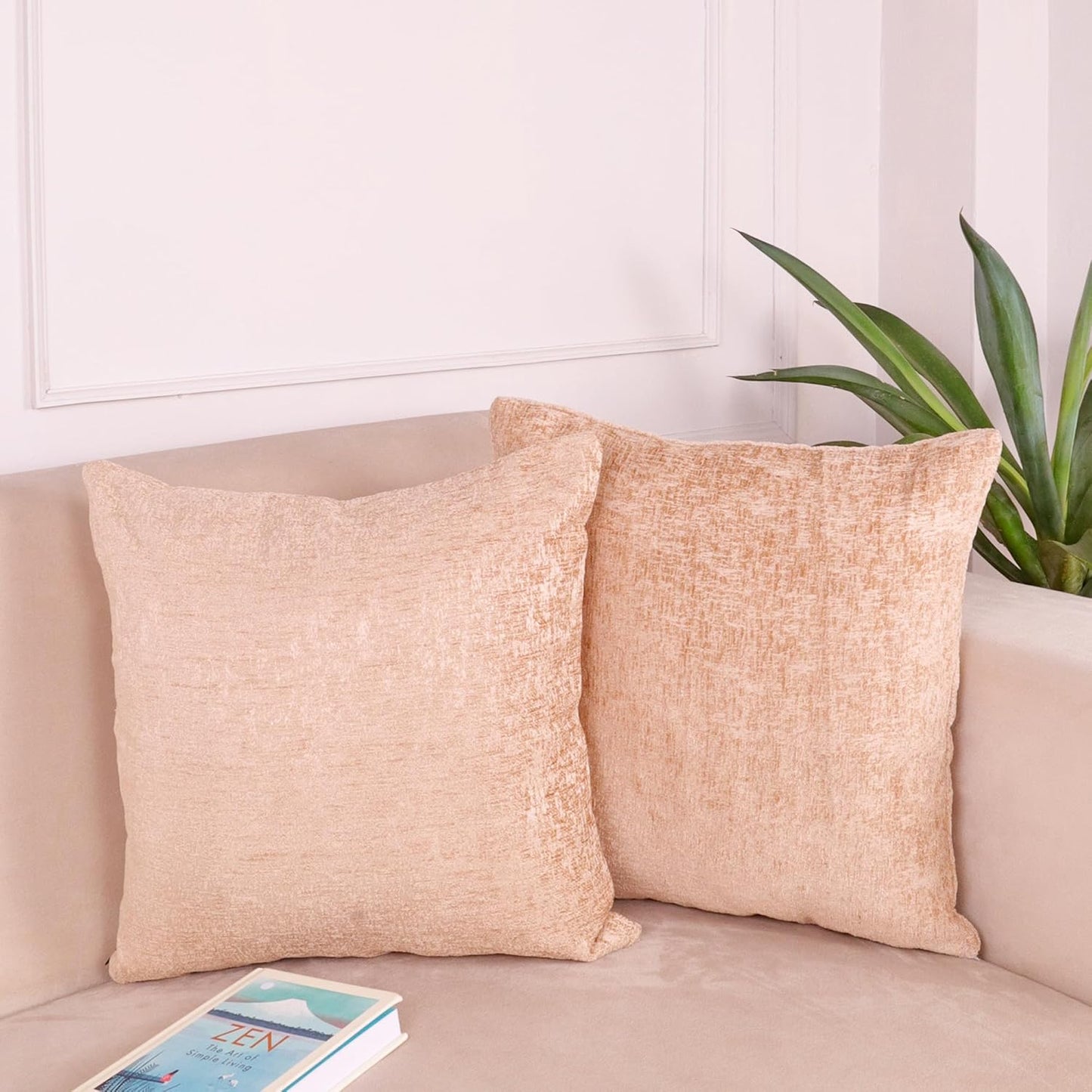 Beige Chenille Velvet-Feel Soft Cushion Covers 16x16 Set of 2 | Durable, Washable Sofa Couch Bed Living Room Decor