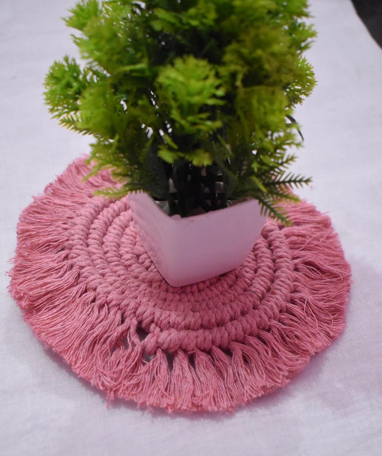 Pink Macrame Handwoven Cotton Coaster Set – 6" Diameter, 2-Pack