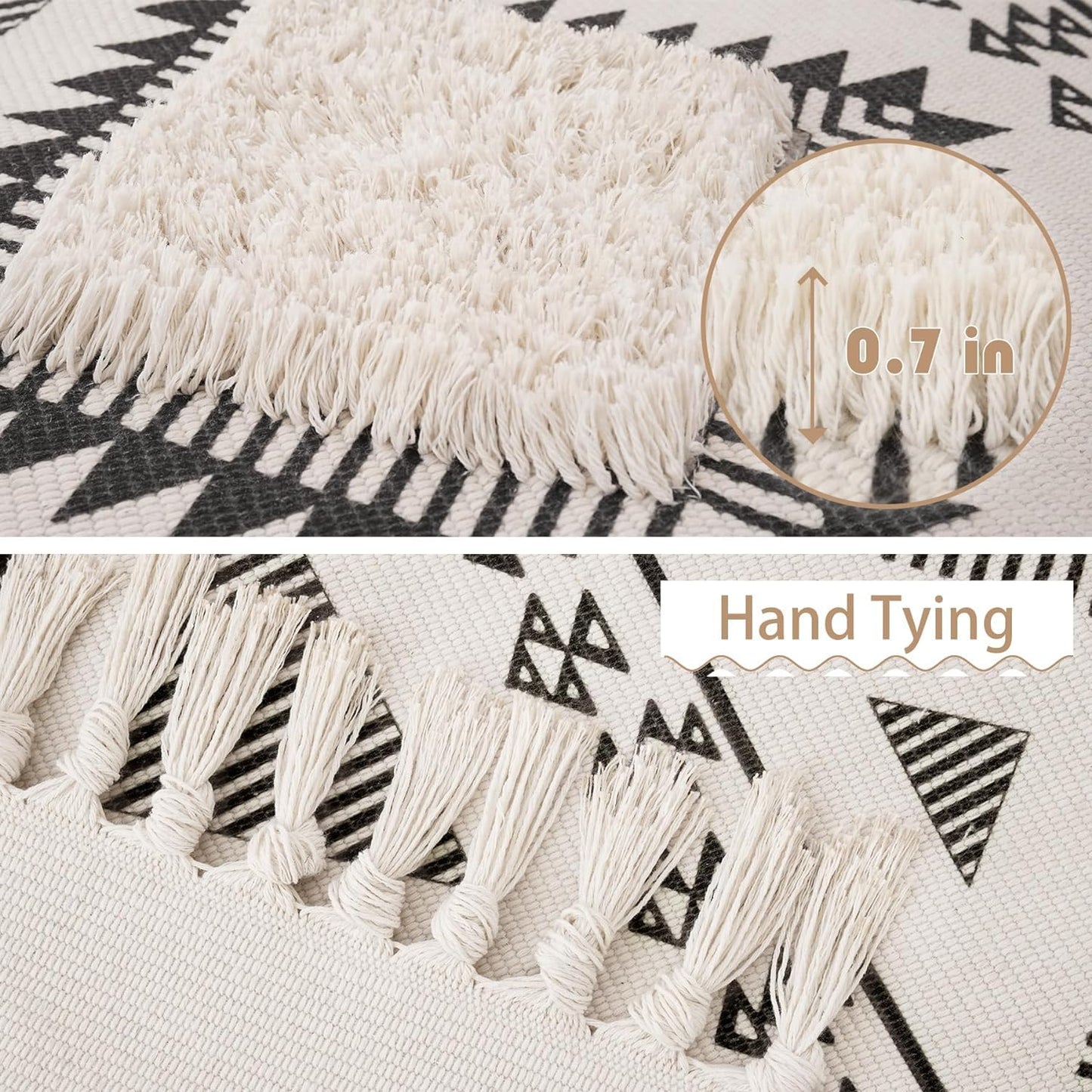 Hand Woven Tufted Modern 100% Cotton White & Black Area Rug Runner 2x5 ft | Bedroom Living Room Floor Decor Carpet