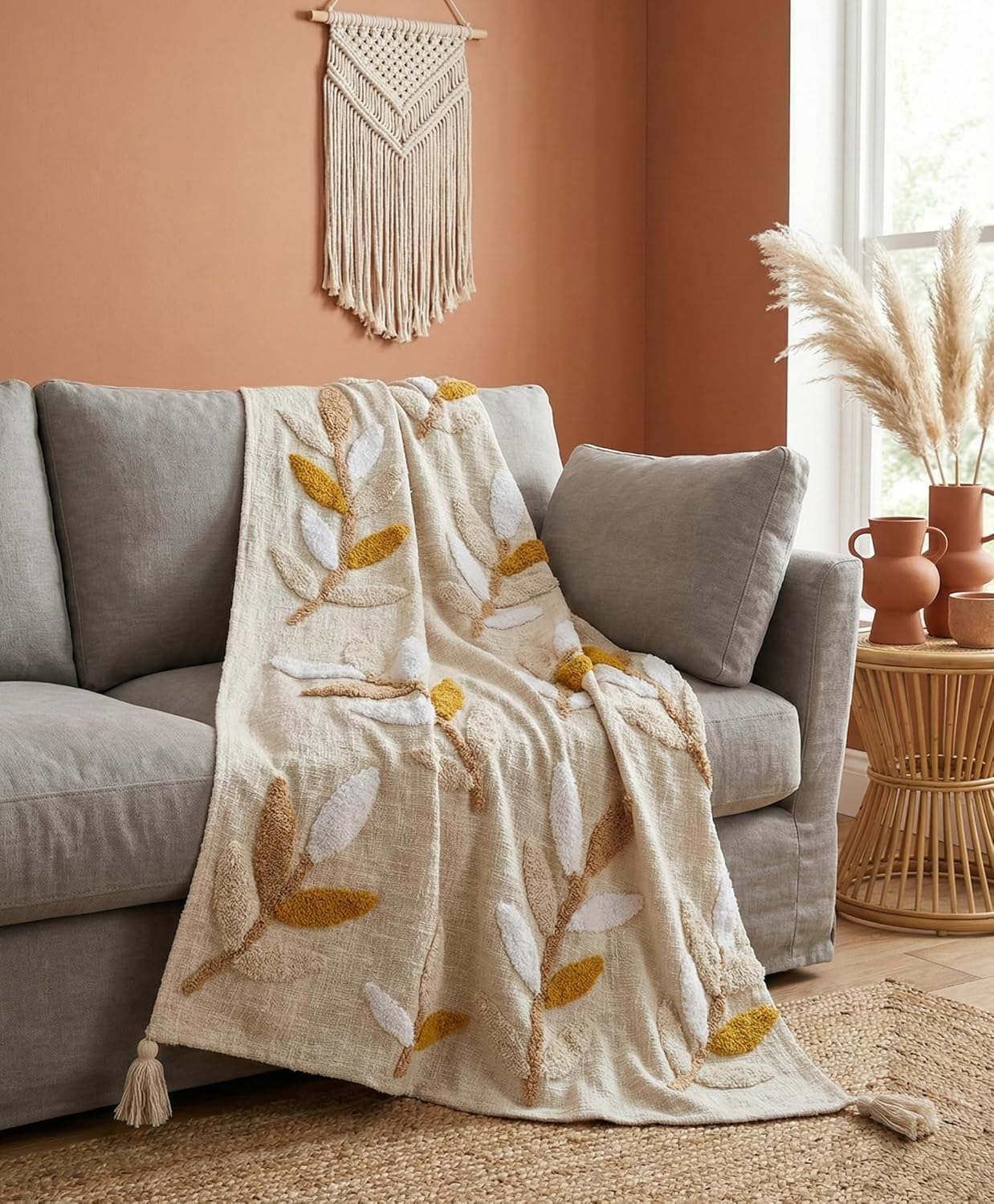 Hand Tufted Cotton Sofa Throw & Cushion Set – Coordinated 3-Piece Decor – 50x60" Throw, 2x 16x16" Covers