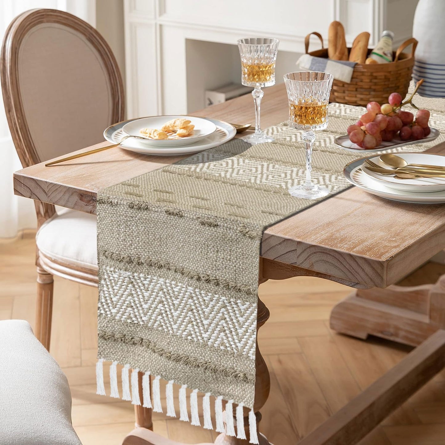 Elegant Woven Zig Zag Table Runner, Beige White Tassels, Cotton Jute Blend 13x74 Inch | Dining Table Decor, Centerpiece, Home Kitchen