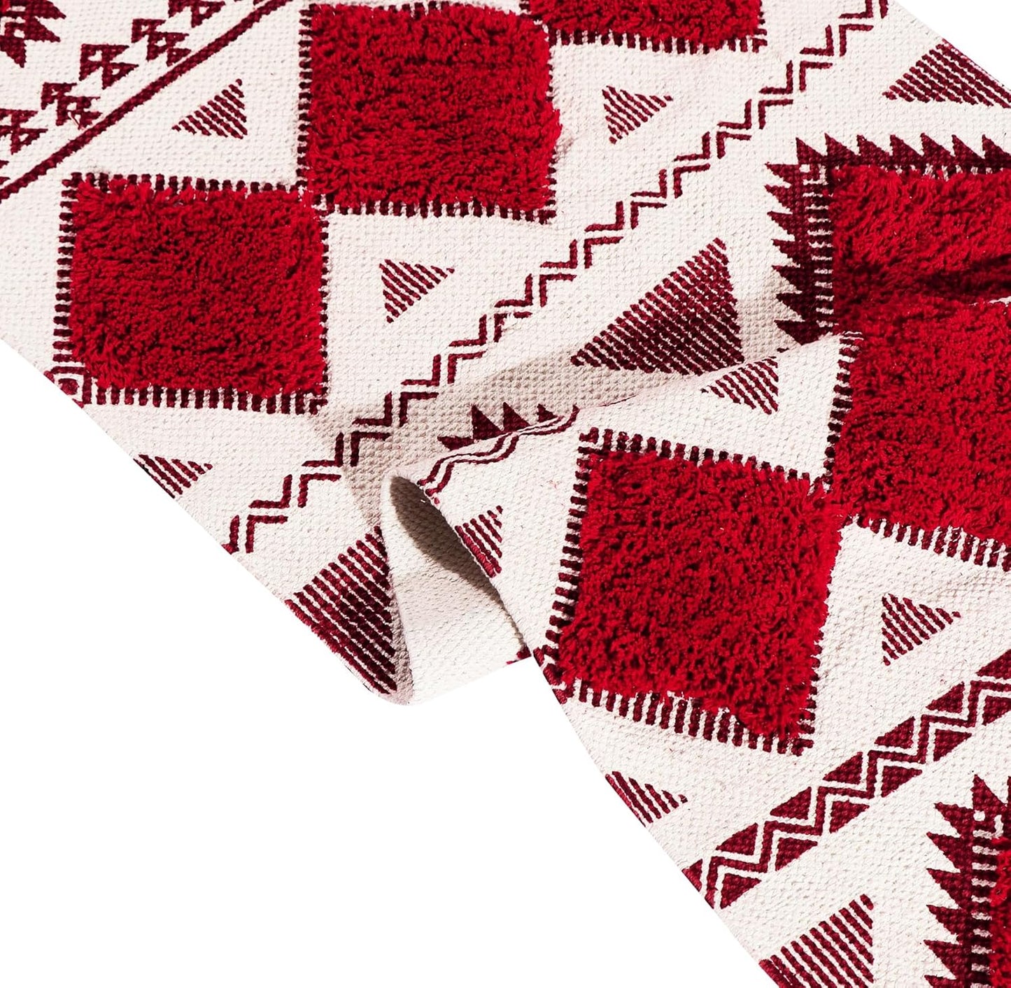 Modern Hand Woven Tufted Cotton Rug Runner 2x5 ft (Red & White) | Designer Area Carpet for Bedroom, Living Room