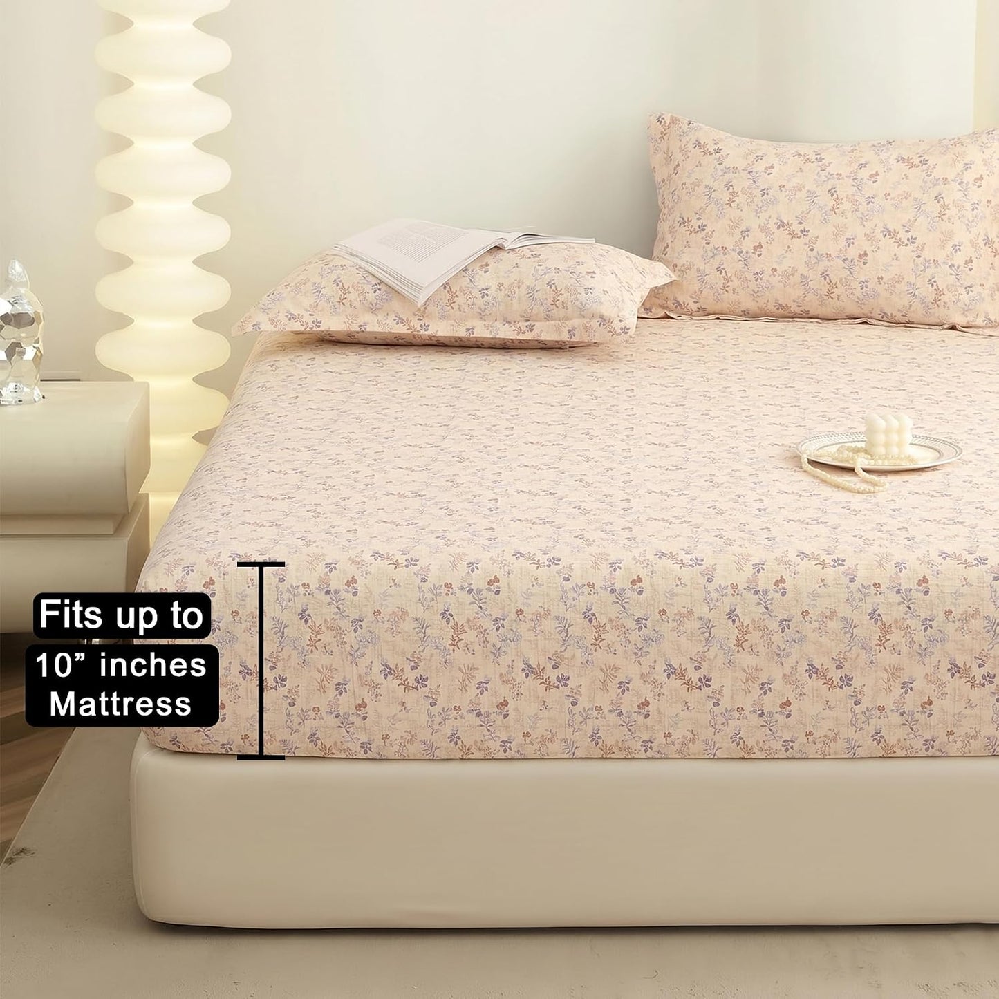 Bedsheet | Cloud Cotton Elastic Fitted | King Size 3-Piece, Ivory Pink | Floral Pattern