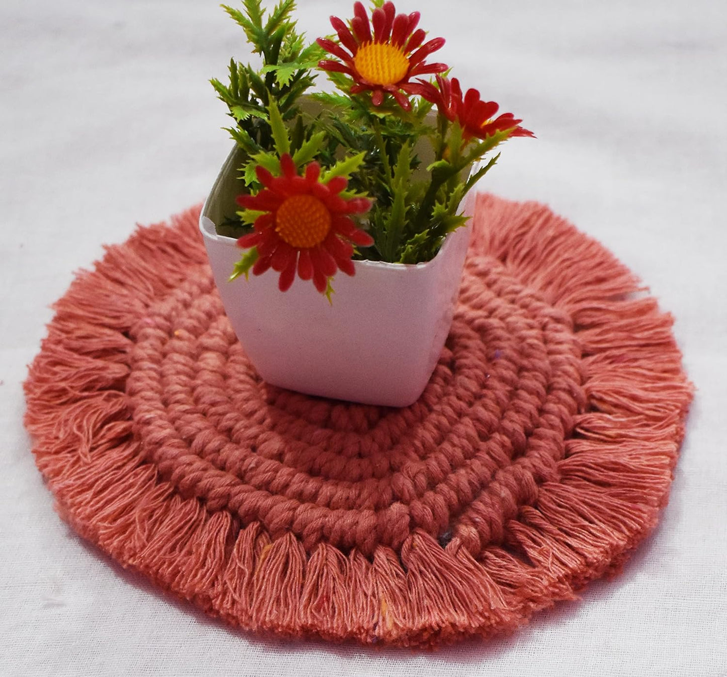 Rose Macrame Handwoven Cotton Coaster Set – 6" Diameter, 2-Pack