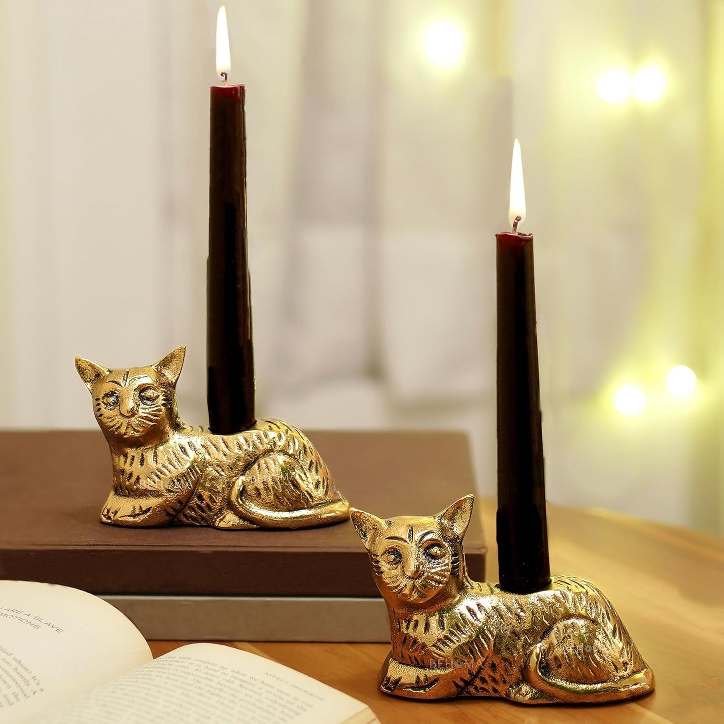 Antique Gold Cat Candle Holder Statue Set of 2 | Decorative Home Decor Figurine, Table Centerpiece, Gift