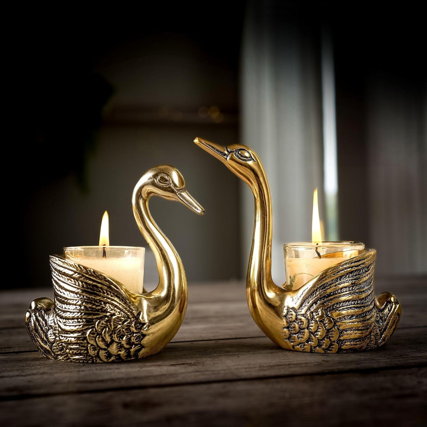 Gold Aluminium Good Luck Love Pair of Swans Showpiece | Candle Holder Home Decor Wedding Gift for Couples