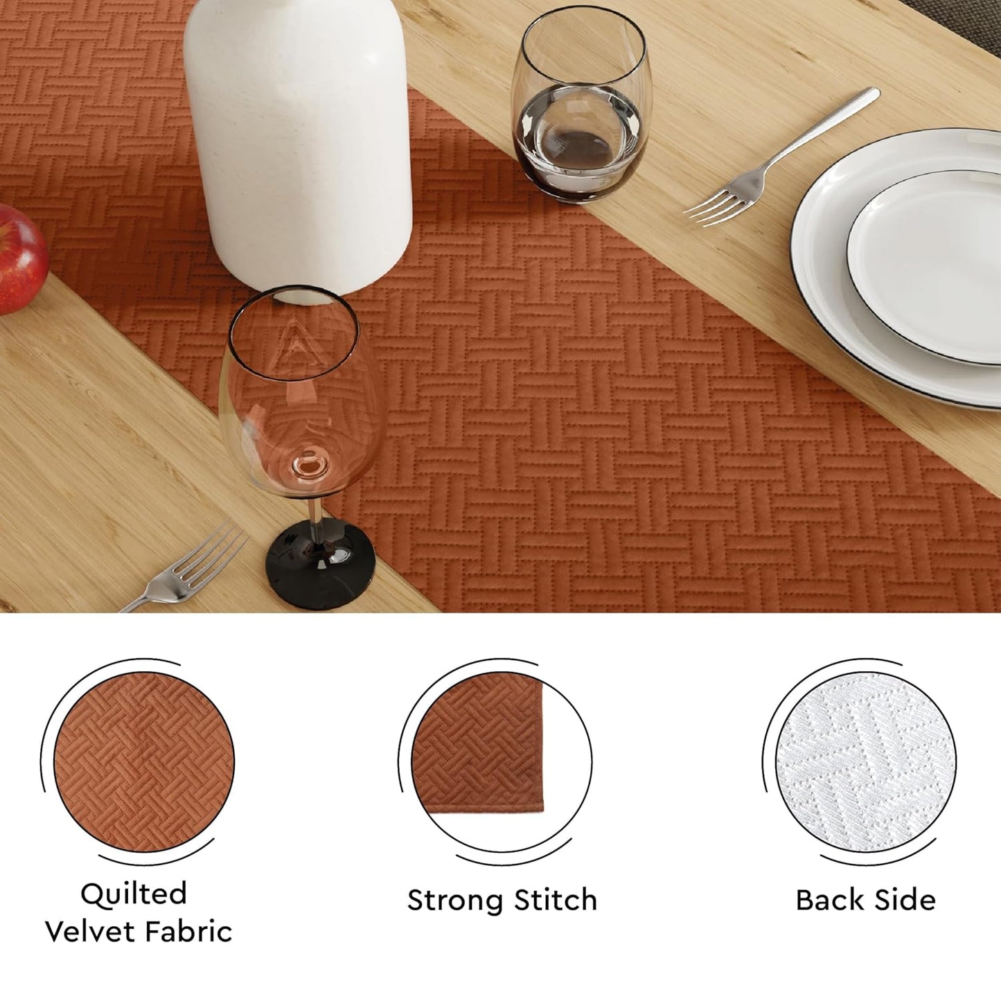 Luxurious Orange Quilted Velvet Dining Table Runner 32x150 cm for 4-6 Seater | Machine Washable Home Decor