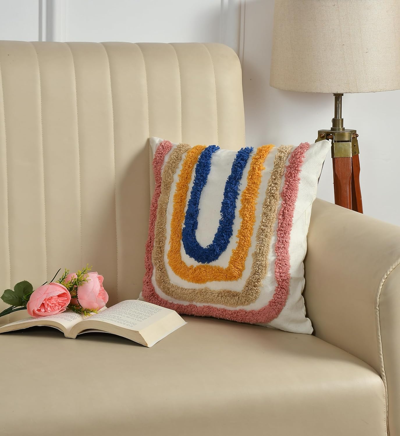 Modern Boho Tufted Geometric Pom Poms Throw Cushion Covers 16x16 Inch 1 Piece | Decorative Pillow Sofa Decor