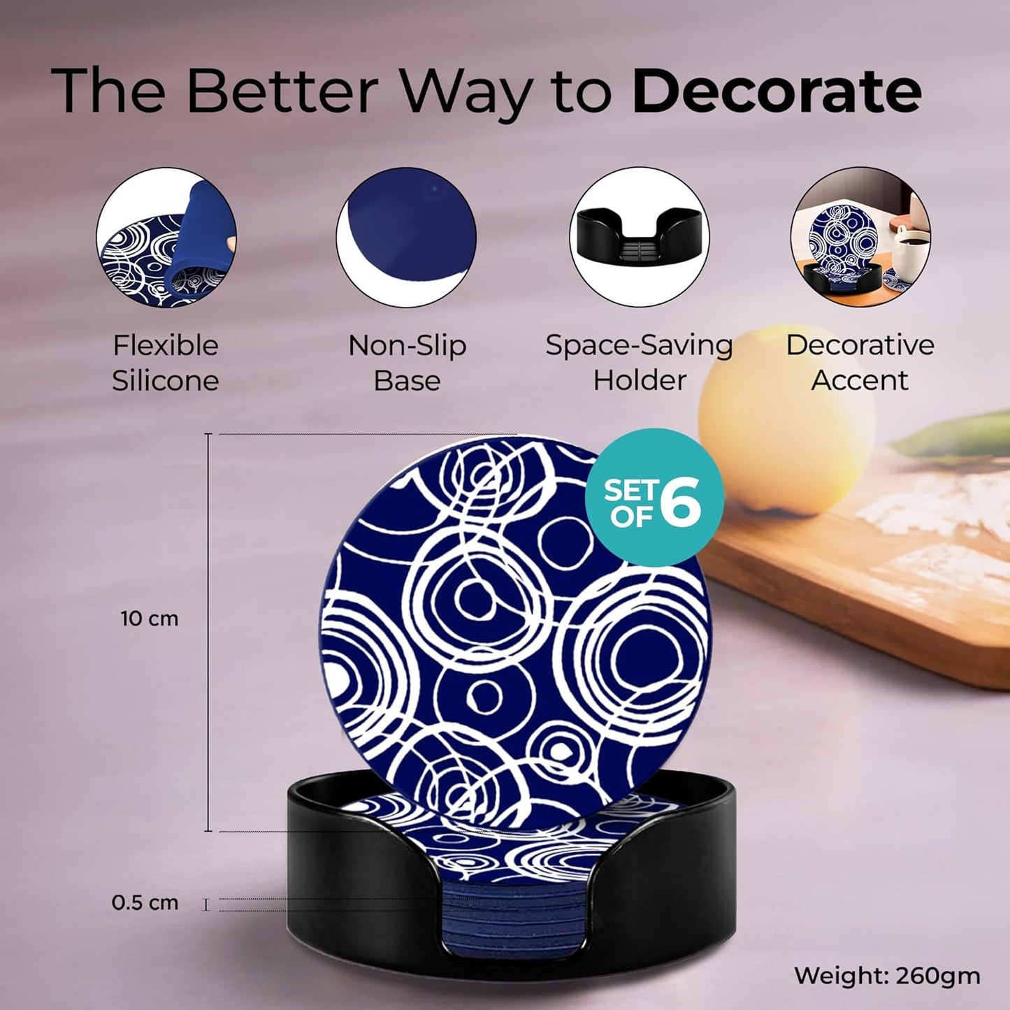 Navy White Silicone Coaster Set of 6 (10cm) with Holder | Dining Table Decor, Coffee Mugs, Glasses, Gifts for Women