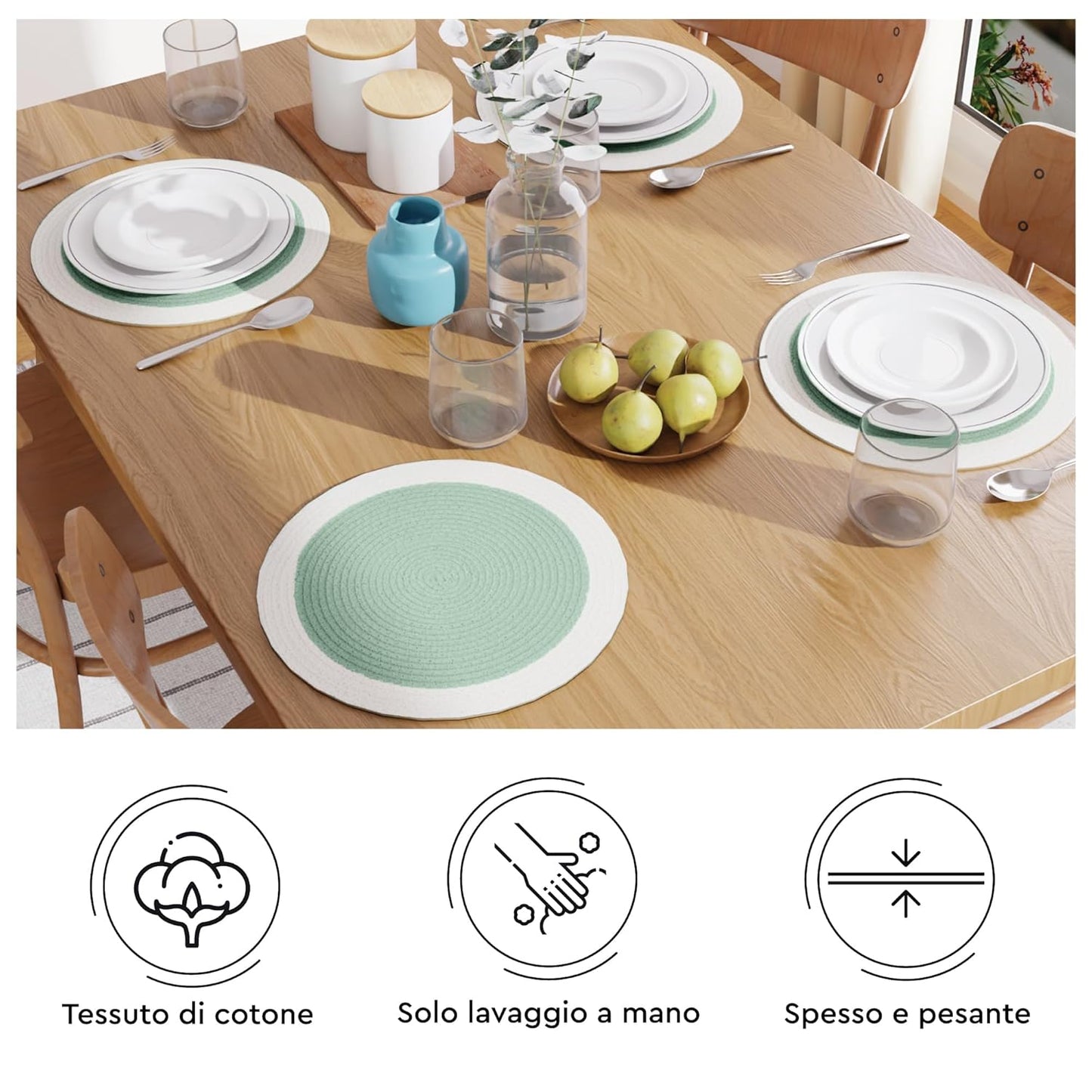 Sage & Off White Handmade Ribbed Cotton Round Table Mats Set of 4 | Heat-Resistant, Non-Slip, Washable Dining Placemats