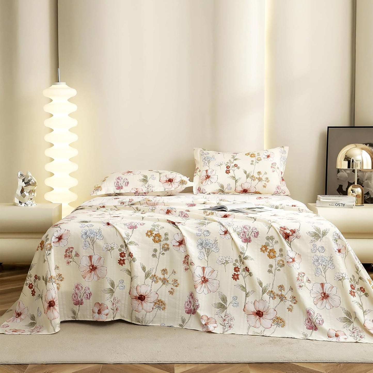 Drap-housse King Size - Coton nuage 300 fils/cm² - Motif floral, 2 taies d'oreiller