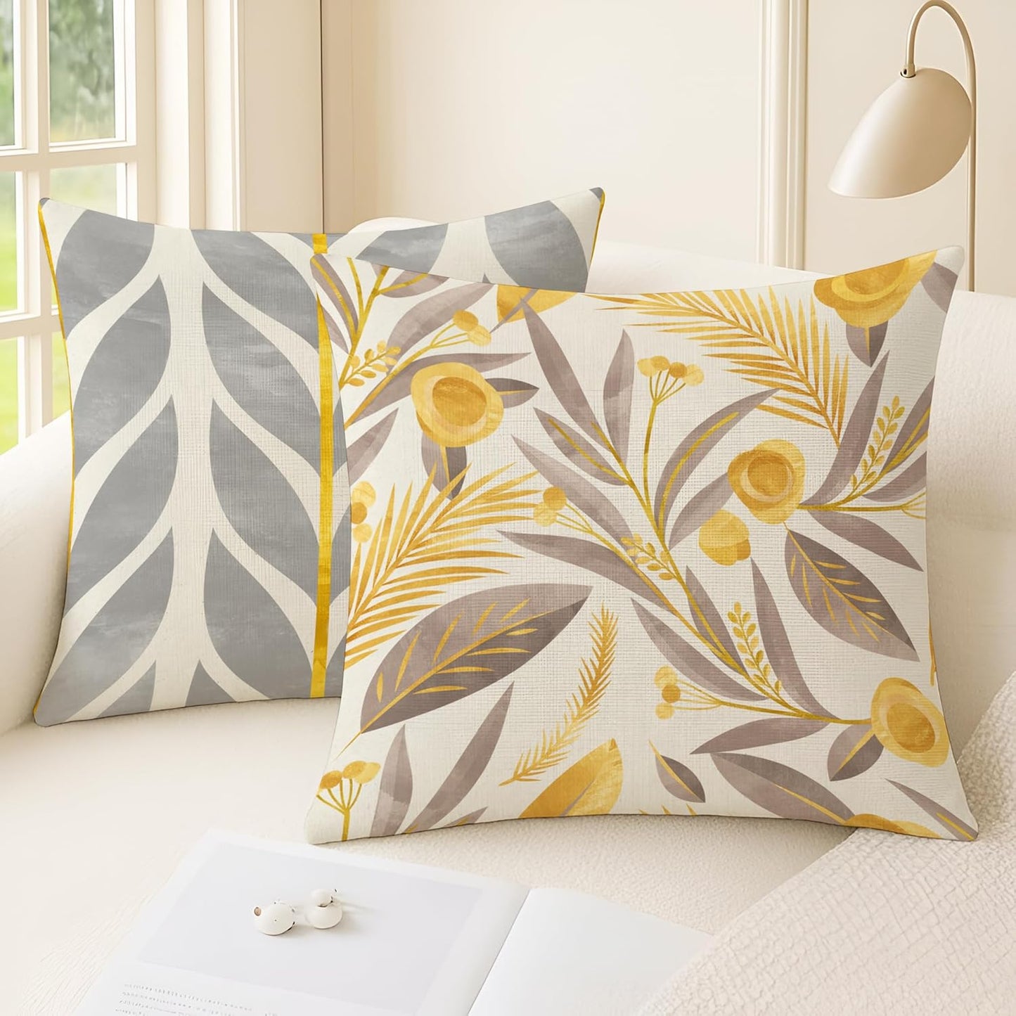 Yellow & Grey Floral Poly Cotton Cushion Covers, Set of 5 (18x18 Inches) | Decorative Throw Pillow Covers for Sofa Bed