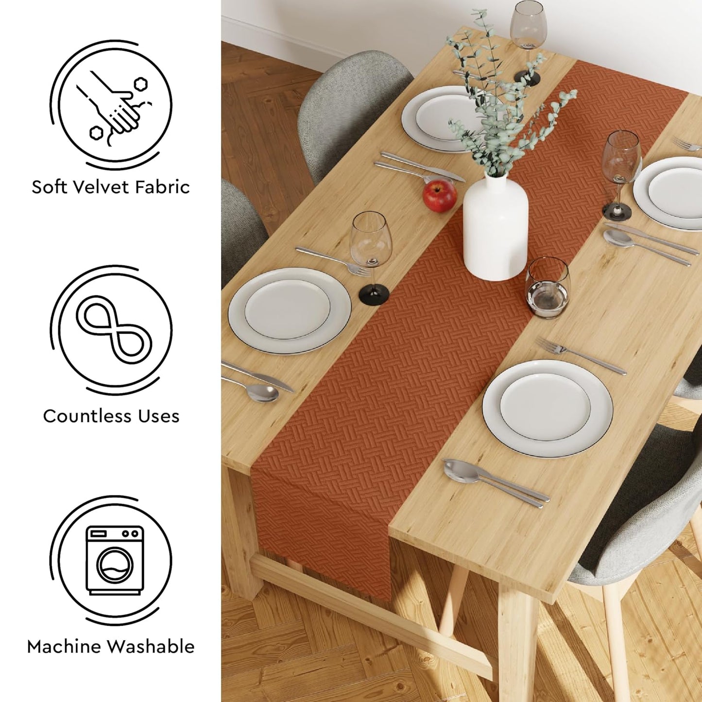 Luxurious Orange Quilted Velvet Dining Table Runner 32x150 cm for 4-6 Seater | Machine Washable Home Decor