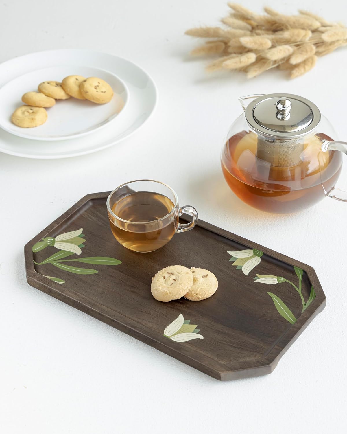 Artisan Handpainted Wooden Platter – Serving Tray – Mango Wood, Floral Design