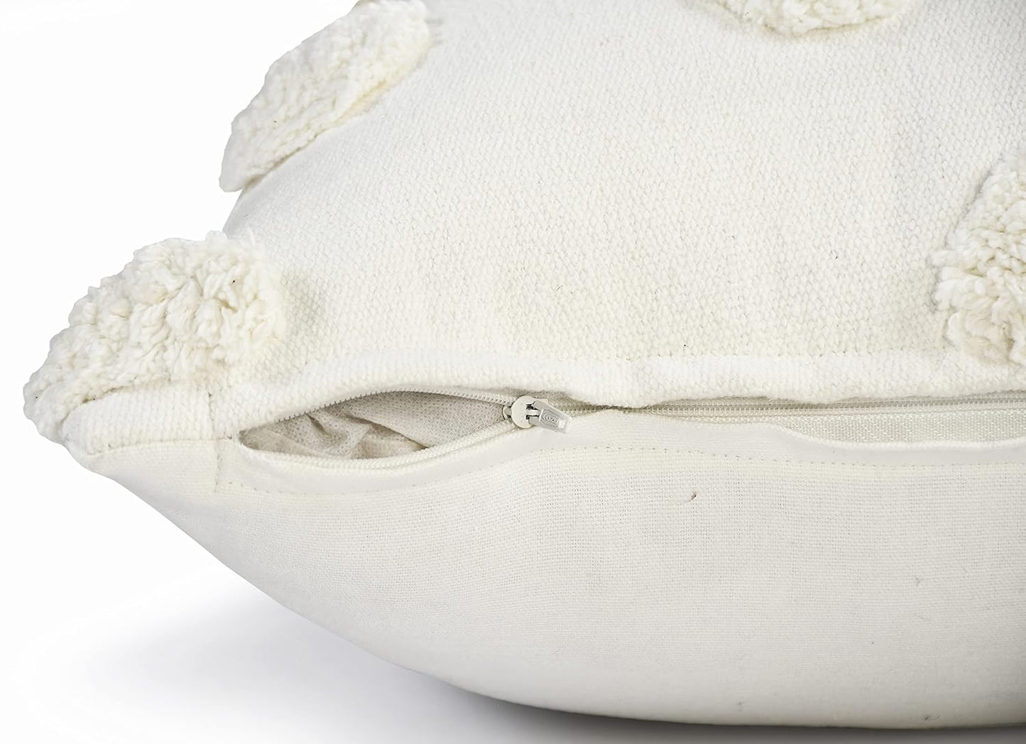 White Boho Tufted Dots Cotton Cushion Cover 18x18 | Decorative Pillow for Sofa, Living Room, Bed Decor