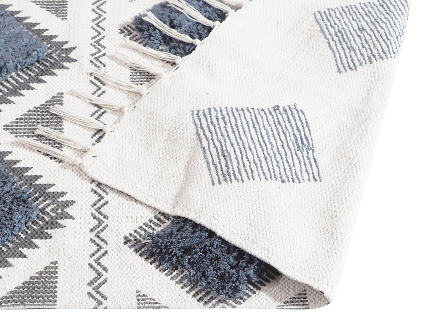 Hand Woven Tufted 100% Natural Cotton Rug Runner 2x5 ft (60x152 cm) | Modern Bedroom Living Room Carpet, Grey & White