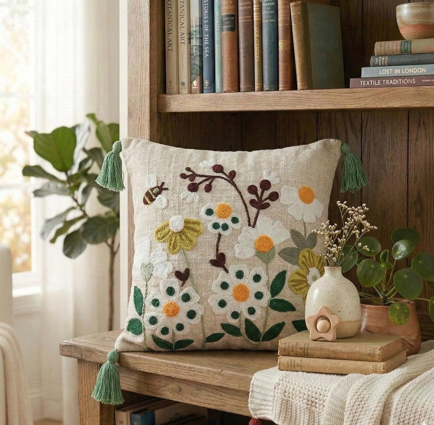 Boho Cushion Cover – Decorative Pillow Case – Embroidered Slub Cotton with Tassels – 16x16 Inch (40x40 cm)