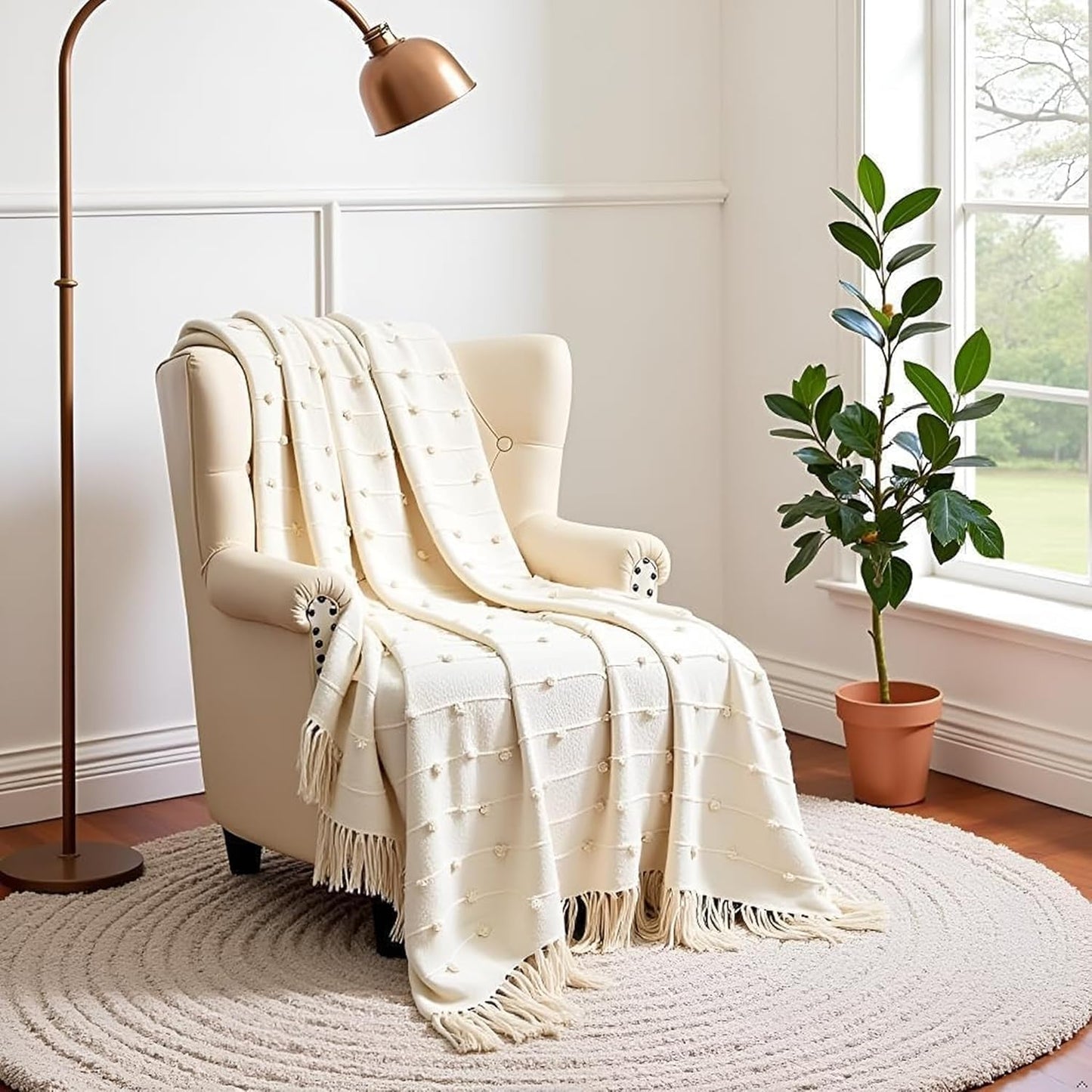 Hand-Knitted Cotton Sofa Throw – All-Season Blanket – Beige with Tassels – 80x52 Inches (Pack of 1)